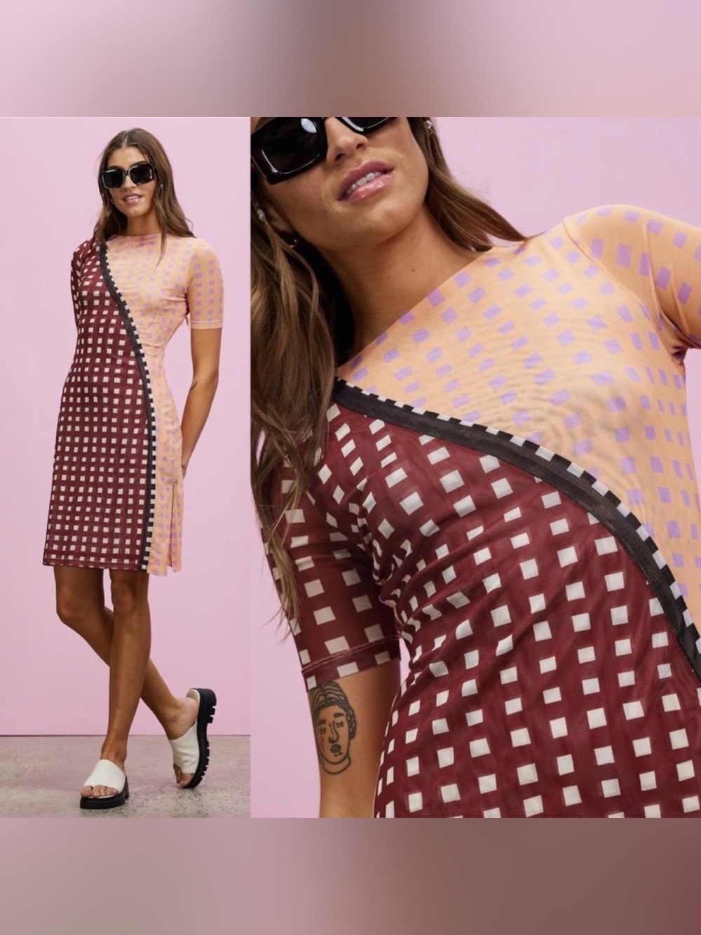 Find Me Now Dress Size Abilene Two Tone Checked Printed Mesh Midi Dress Medium